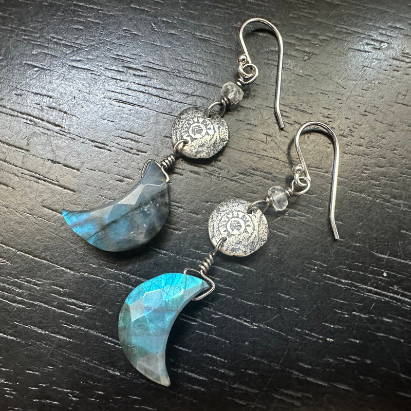 FACETED Labradorite Moon Silver Earrings