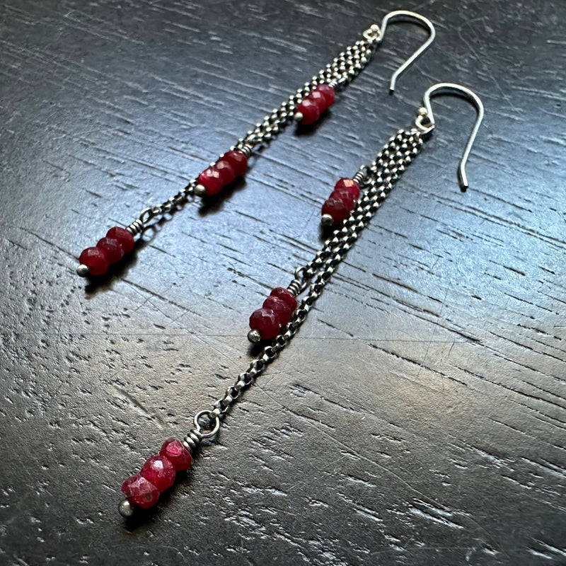 Silver Dew Drop Earrings with RUBIES