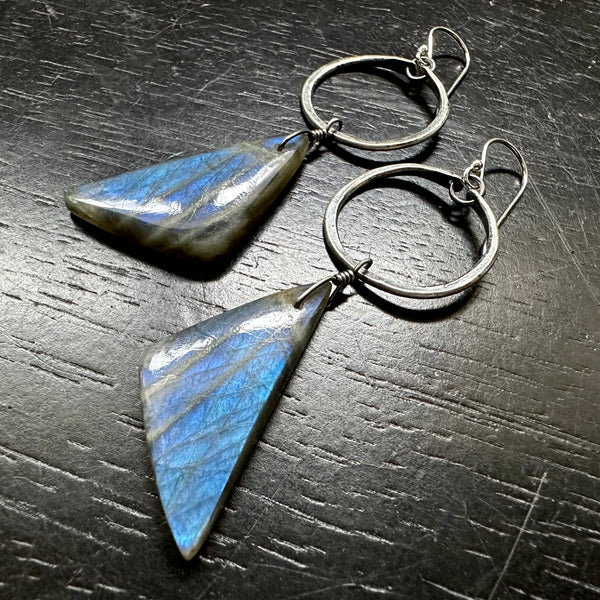 NEW! #1 Blue Labradorite Triangledangles (Striped Wings!) Tiny Silver Hoops, OOAK #1