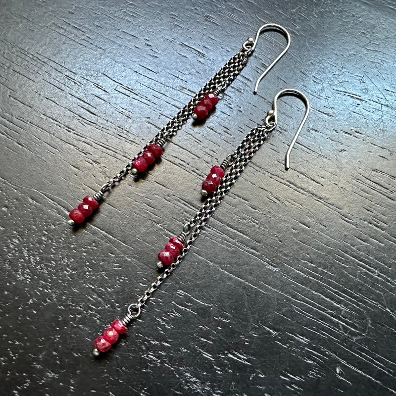 Silver Dew Drop Earrings with RUBIES