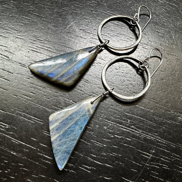 NEW! #1 Blue Labradorite Triangledangles (Striped Wings!) Tiny Silver Hoops, OOAK #1