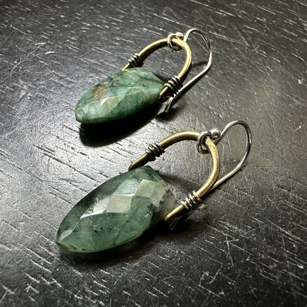 Tiny Brass Taliswoman Earrings with Faceted Emerald Spear Briolettes