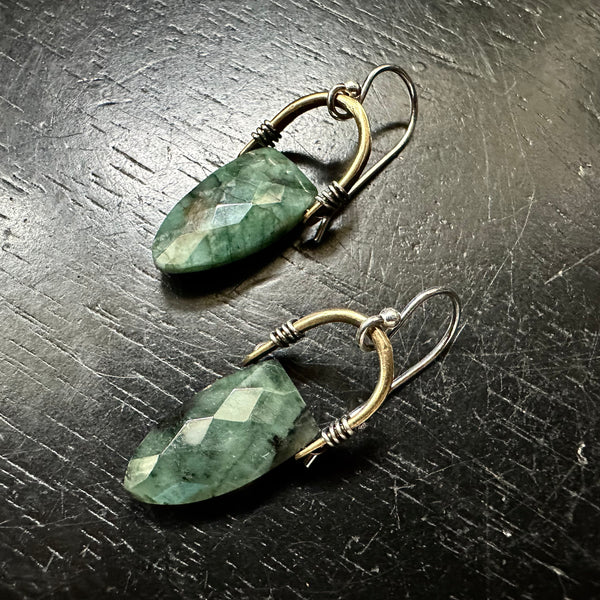Tiny Brass Taliswoman Earrings with Faceted Emerald Spear Briolettes