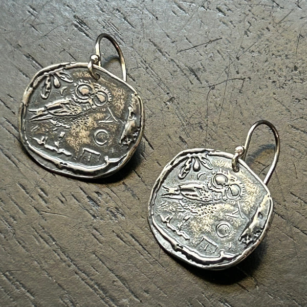Ancient Athena's Owl Silver Coin Earrings
