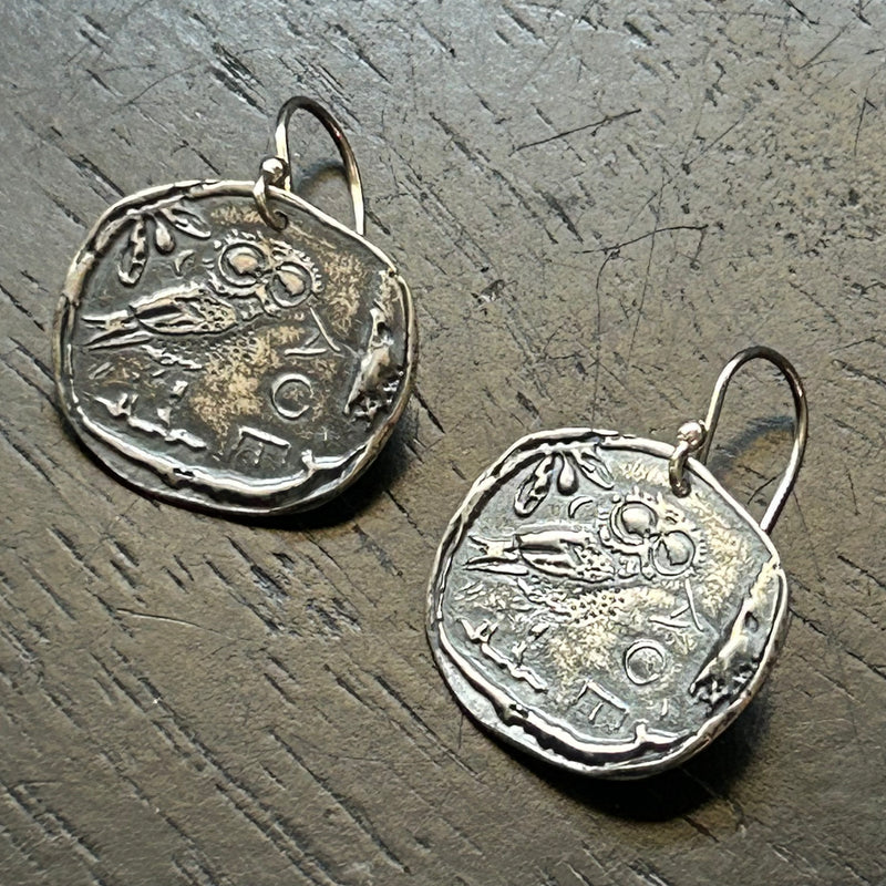 Ancient Athena's Owl Silver Coin Earrings