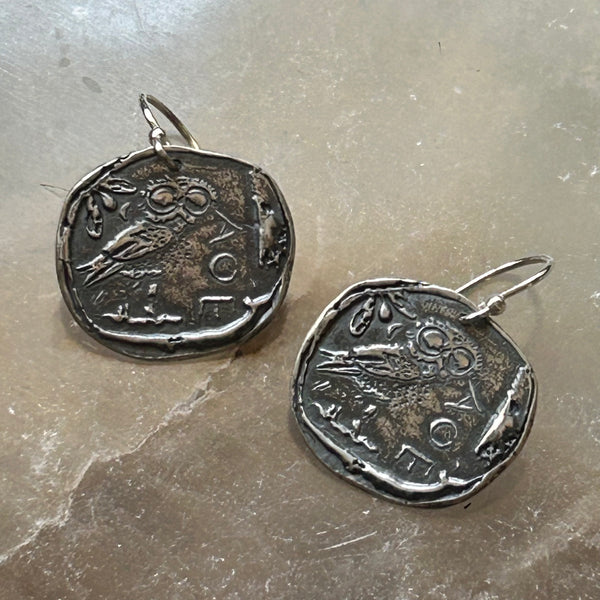 Ancient Athena's Owl Silver Coin Earrings