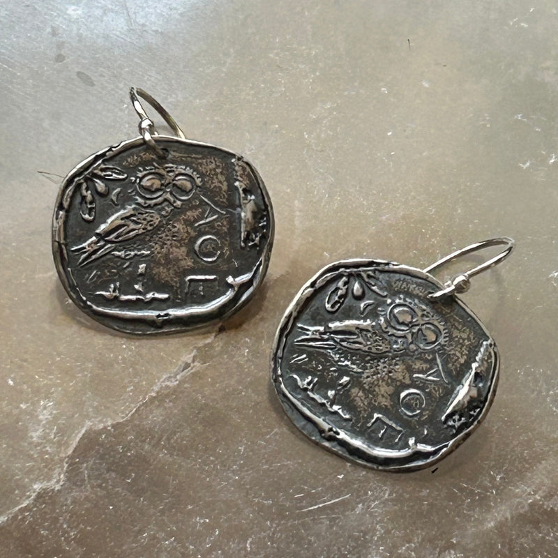 Ancient Athena's Owl Silver Coin Earrings