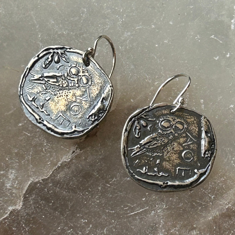 Ancient Athena's Owl Silver Coin Earrings