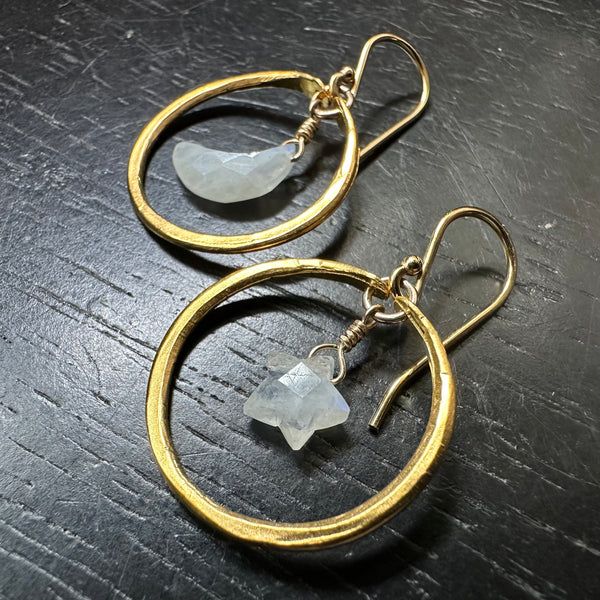 Tiny 24K GOLD Hoops with Faceted Moonstone Star and Crescent Moon, GOLD VERMEIL!