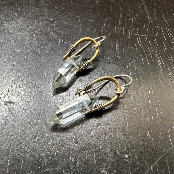 Double-Pointed, Faceted Taliswoman CLEAR Quartz Earrings, Small Brass Bails