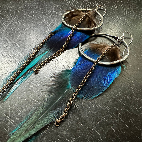 #2 FEATHER EARRINGS: Small SILVER Hoops, Black/Teal/BLUE IRIDESCENT base/Accent feathers!