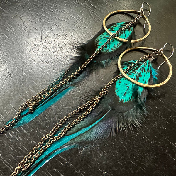 #1 FEATHER EARRINGS: Small brass HOOPS, TEAL/BLACK Base + TEAL/BLACK Accents OOAK #1