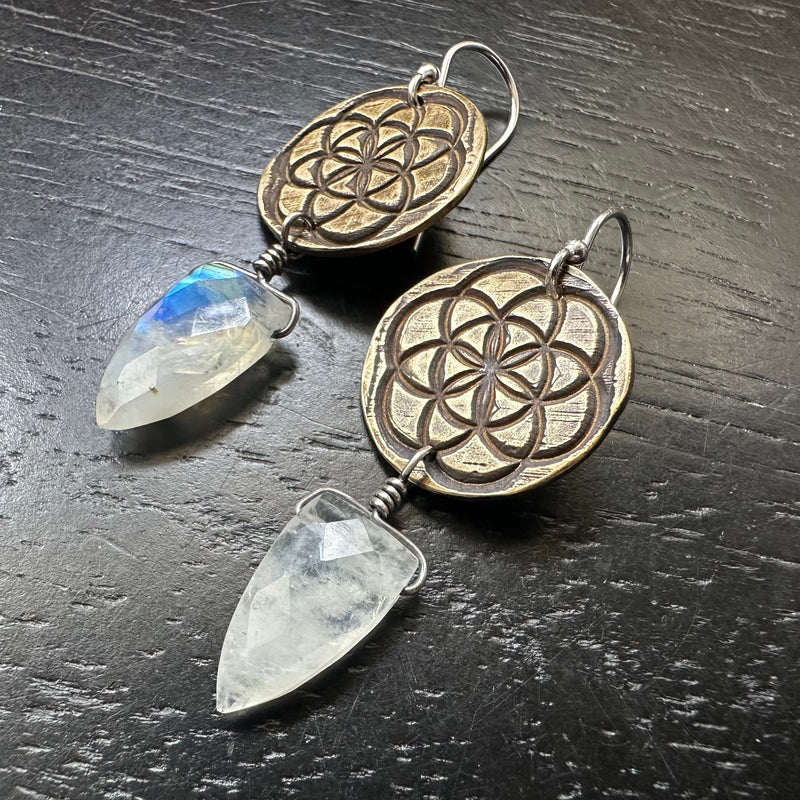 Seed of Life Earrings - Brass with Faceted Briolette Spear Moonstones