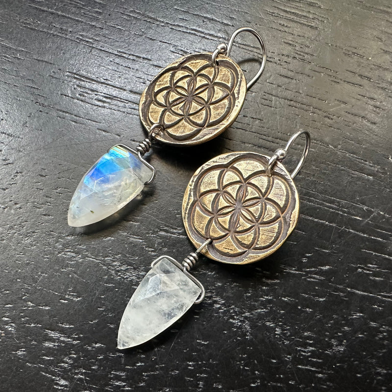 Seed of Life Earrings - Brass with Faceted Briolette Spear Moonstones