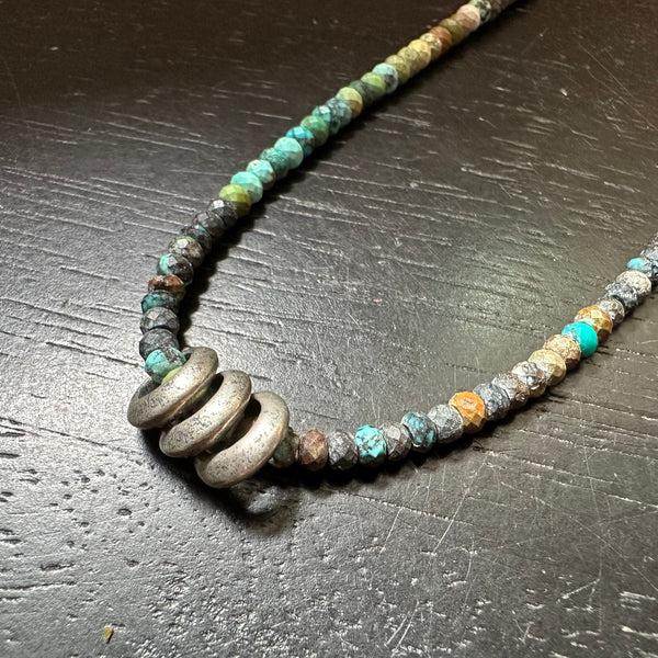 TRIPLE SILVER Saucer Bead on Dragon Skin Turquoise Strand