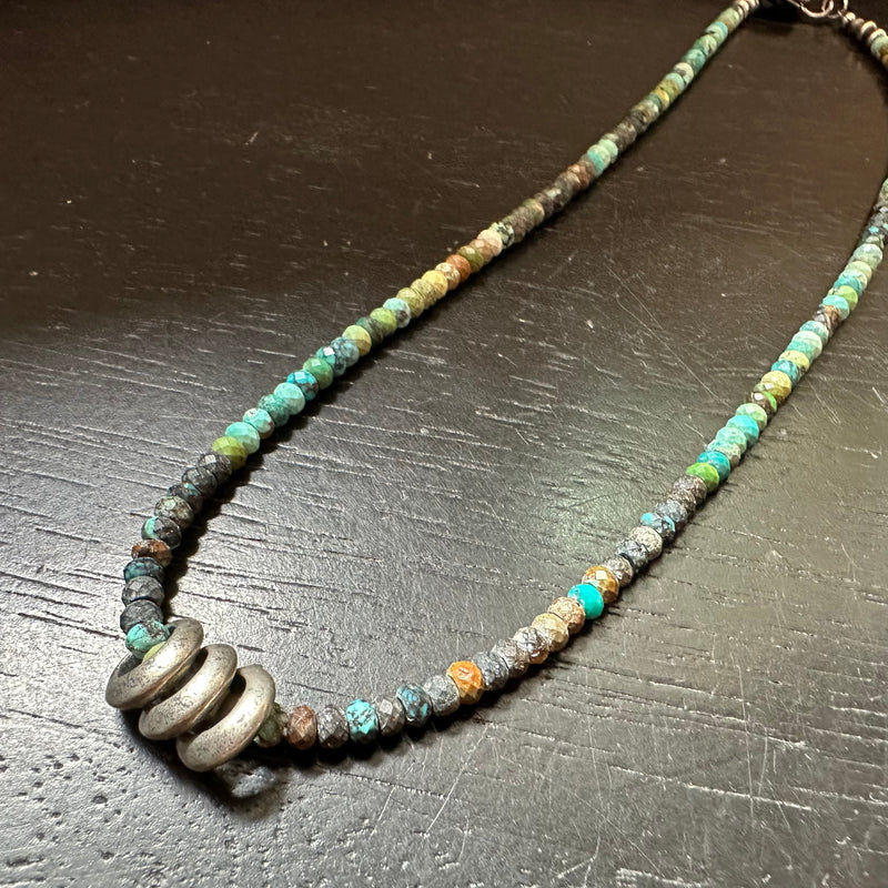 TRIPLE SILVER Saucer Bead on Dragon Skin Turquoise Strand