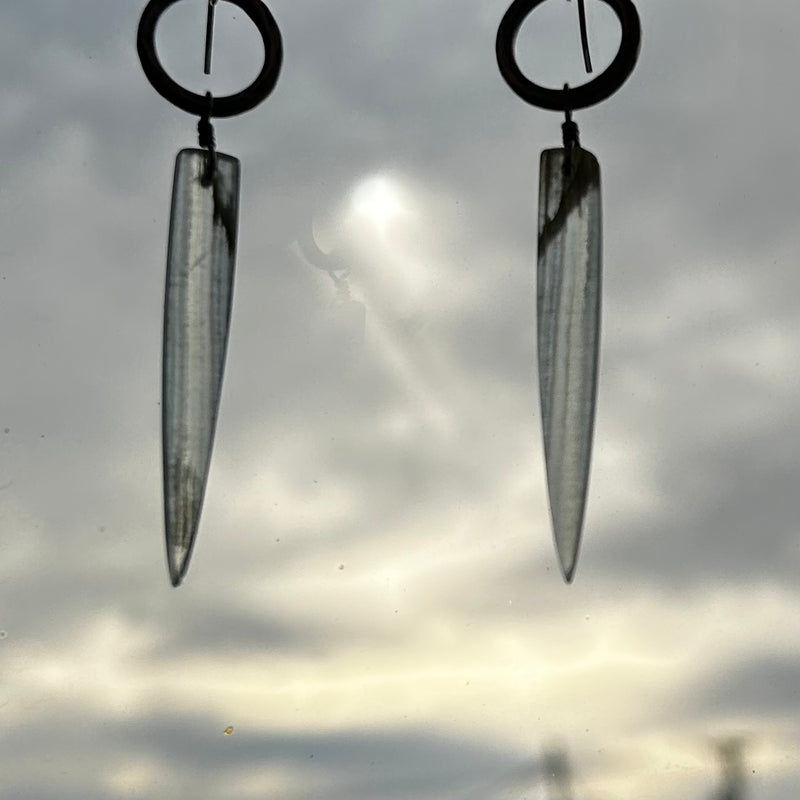 NEW! #1 RARE Bookmatched LEMURIAN AQUATINE BLUE Spear dangles, Silver Forged Rings OOAK #1