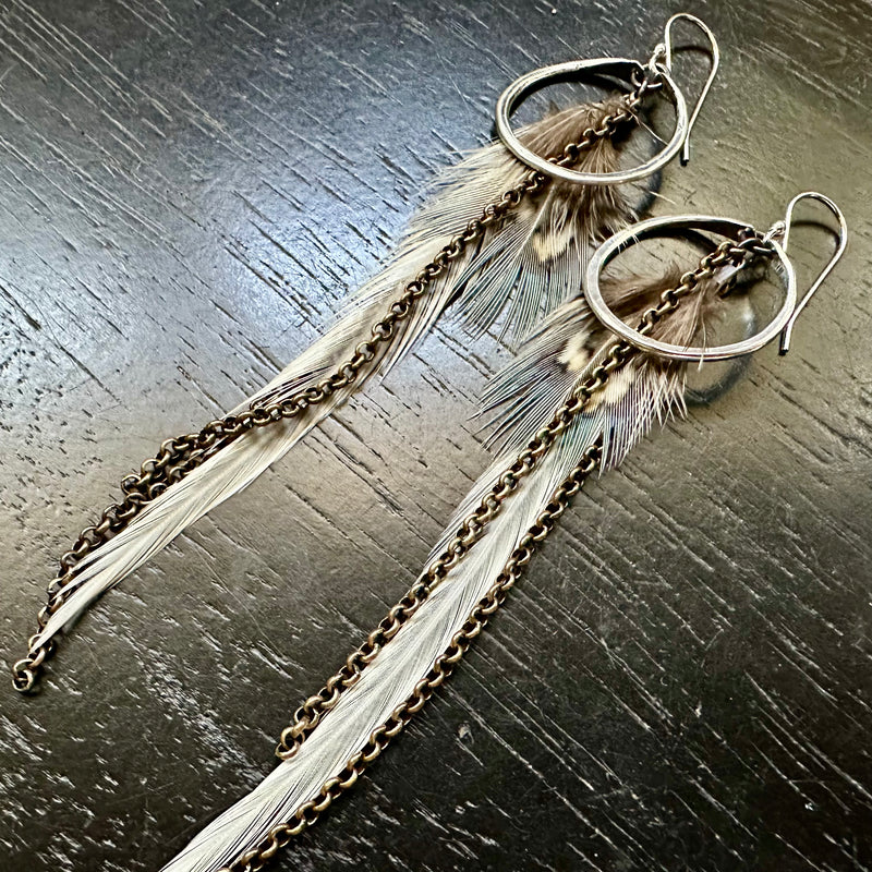 #6 FEATHER EARRINGS TINY Silver Hoops White base, Fluffy tan /gray accent Feathers #6