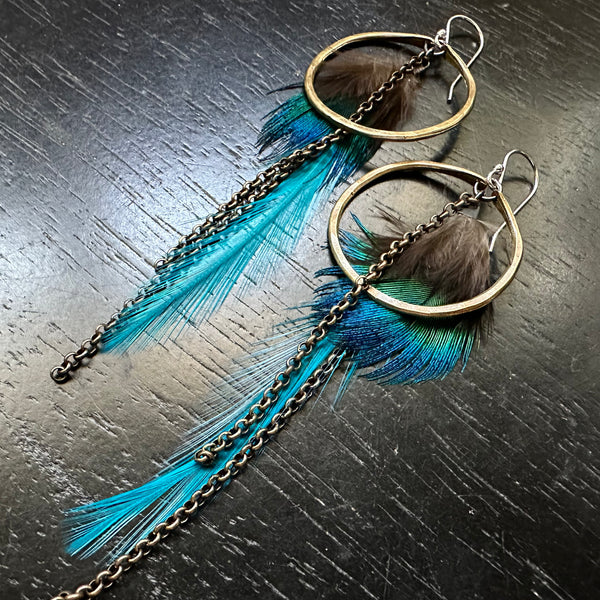#2 SMALL Brass Hoops, BRIGHT BLUE Fluffy Base, Fluffy accents, Brass Chains! OOAK#2