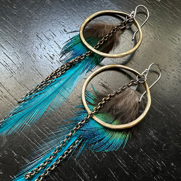 #2 SMALL Brass Hoops, BRIGHT BLUE Fluffy Base, Fluffy accents, Brass Chains! OOAK#2