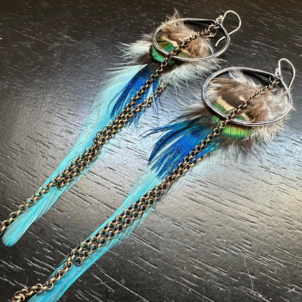 Teal Feather Earrings with Small Silver Hoops