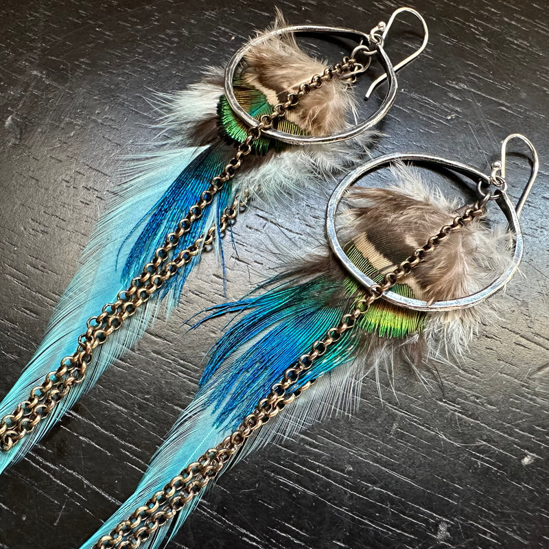 Teal Feather Earrings with Small Silver Hoops