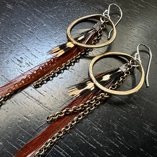 #9 FEATHER EARRINGS TINY Brass Hoops Rust Base, Black+Tan Accent Feathers #9