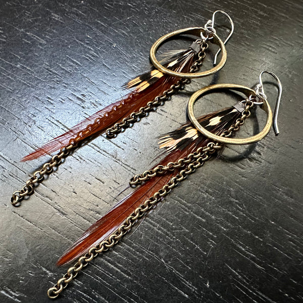 #9 FEATHER EARRINGS TINY Brass Hoops Rust Base, Black+Tan Accent Feathers #9