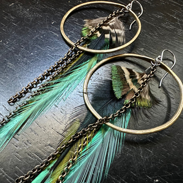 #1 MEDIUM Brass Hoops, LIGHT TEAL/GREEN Base, Fluffy accents, Brass Chains! OOAK#1