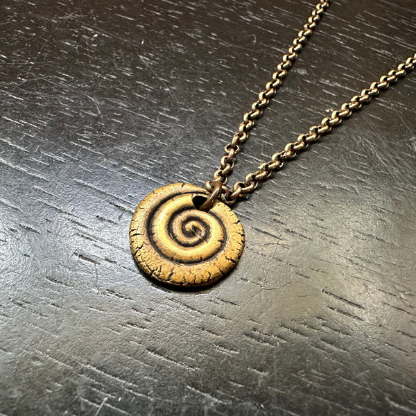 Small BRASS Carved Spiral on Oxidized Brass Necklace