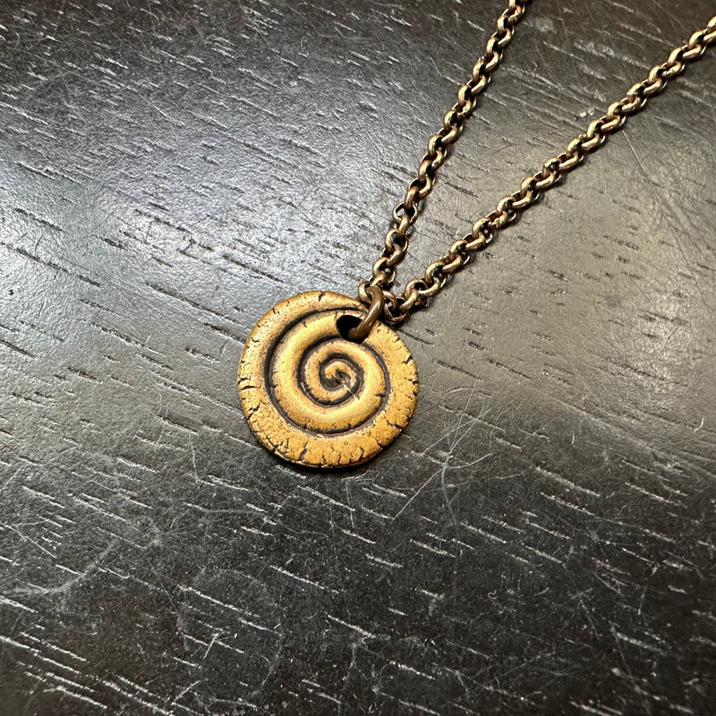 Small BRASS Carved Spiral on Oxidized Brass Necklace