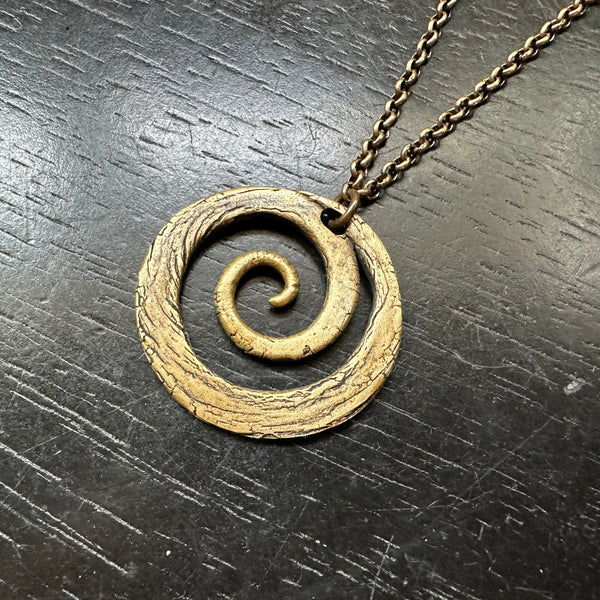 LARGE BRASS Carved Spiral on Oxidized Brass Necklace