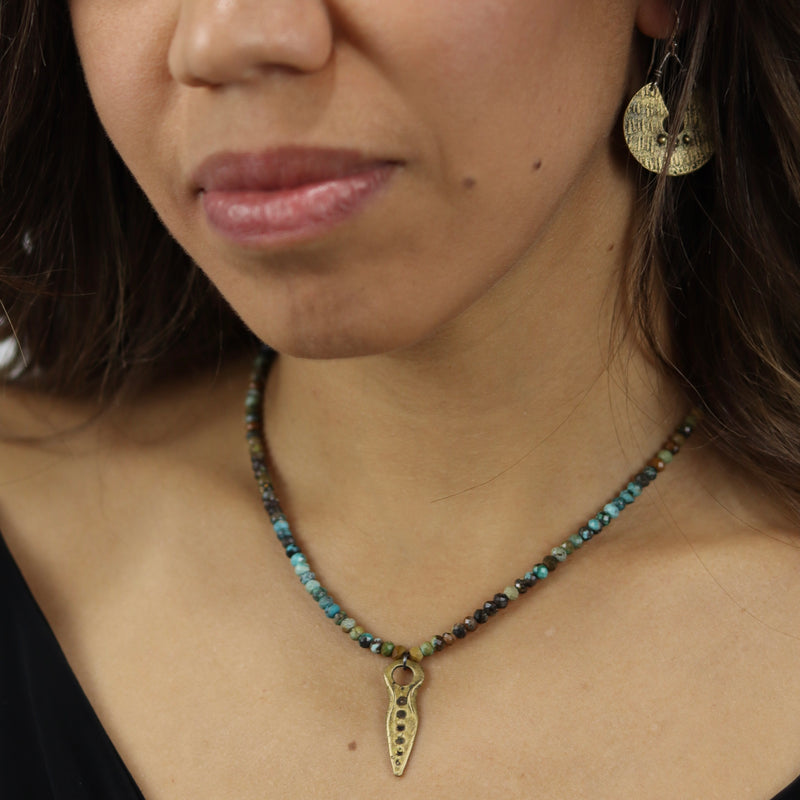 Oracle Pendant in Brass on Dragon Skin Turquoise Necklace