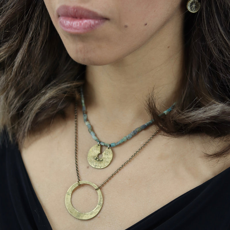 ORIJEN'S: BRASS REVERSIBLE TEXTURED DISC with 3 DOTS  Medallion on Turquoise Afghani Heishi beads Necklace