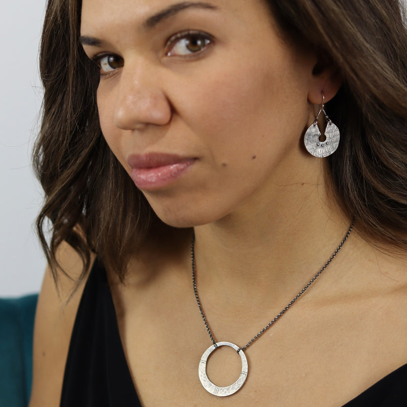 ORIJEN'S: TEXTURED KEYHOLE DISCS with 3 DOTS Earrings Your Choice Brass or Silver