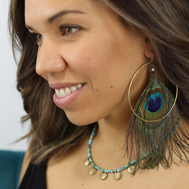 HERA GODDESS Feather Earrings: XL Brass Hoops, Standard Peacock Feathers