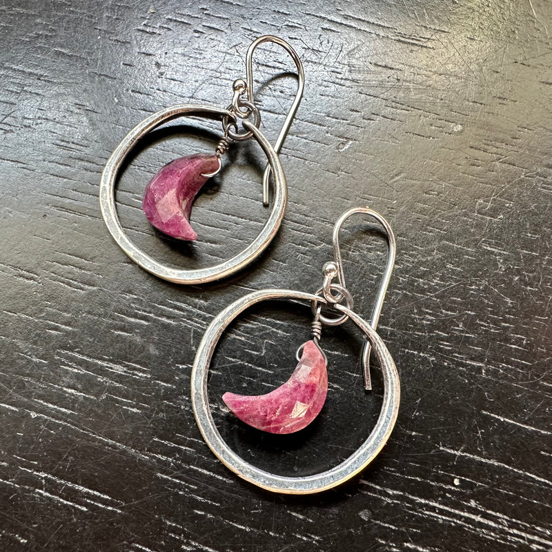 Tiny Silver Hoops with RUBY Moons