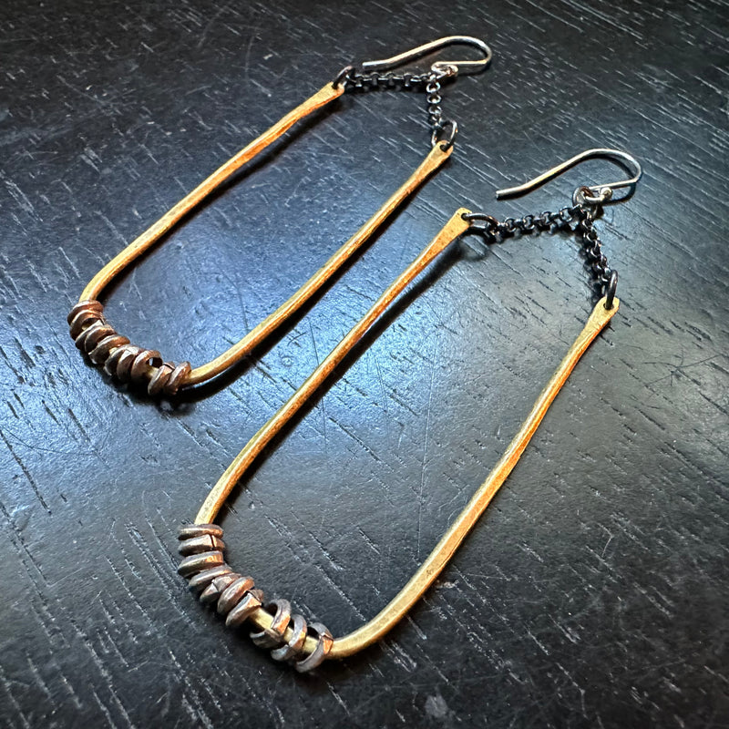Forged Brass Rectangles with Heishi Beads Earrings