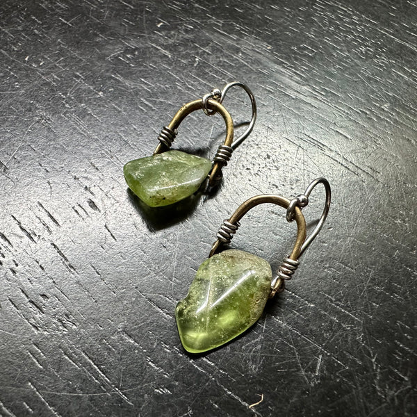 Tiny Brass Taliswoman Earrings with Smooth Peridots