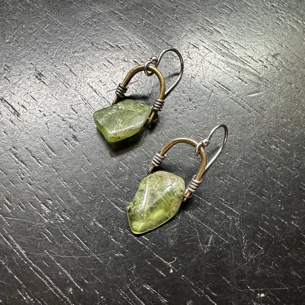 Tiny Brass Taliswoman Earrings with Smooth Peridots