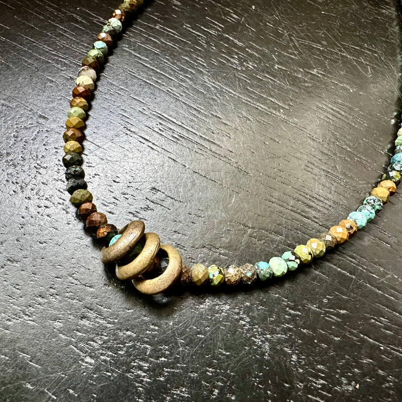 Brass Triple Saucer Beads on Dragonskin Turquoise Strand