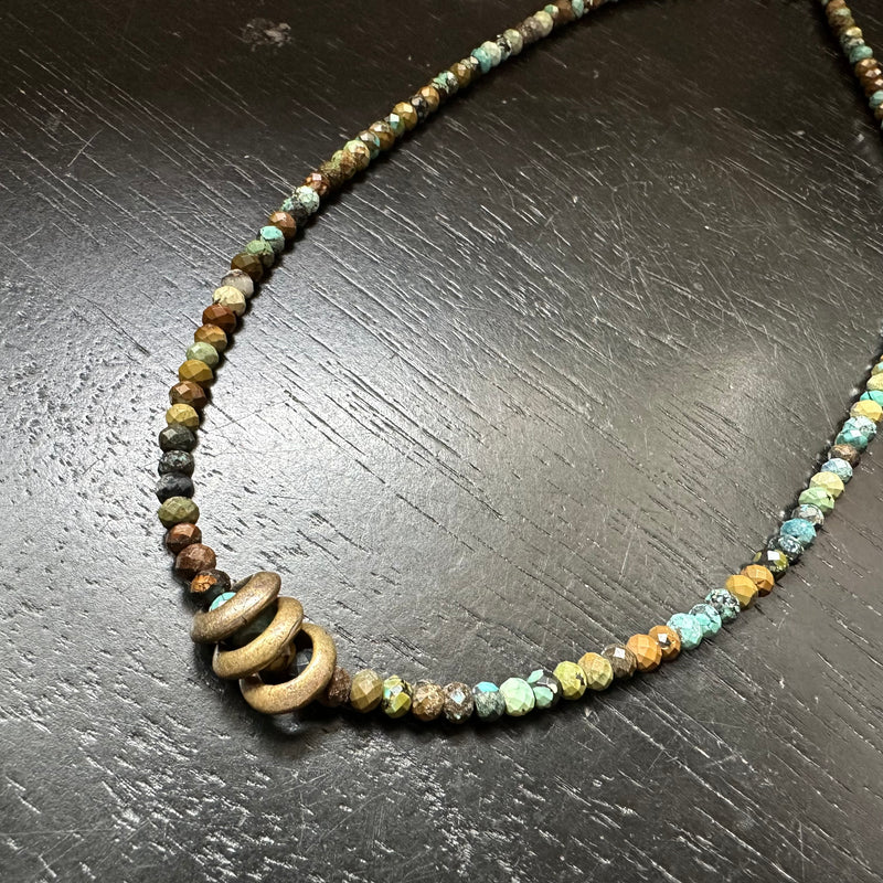 Brass Triple Saucer Beads on Dragonskin Turquoise Strand