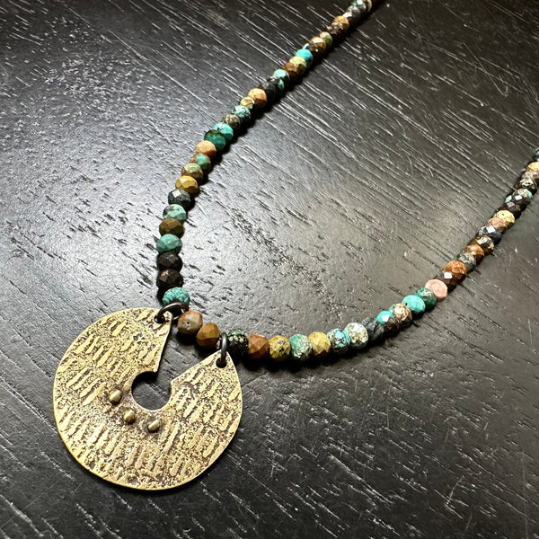 ORIJEN'S: Brass Reversible Textured Disc Necklace with Dragon Skin Turquoise