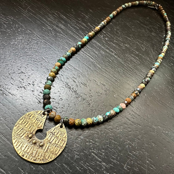 ORIJEN'S: Brass Reversible Textured Disc Necklace with Dragon Skin Turquoise