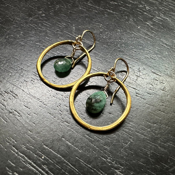 Faceted Emerald Earrings in Tiny Gold Hoops