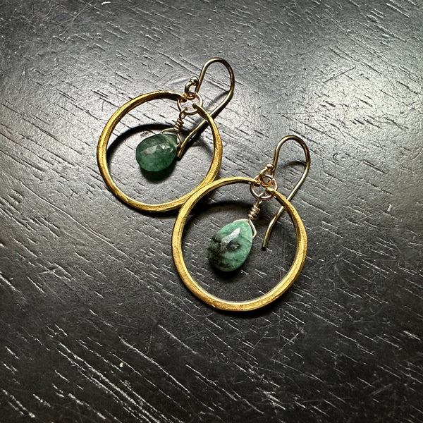 Faceted Emerald Earrings in Tiny Gold Hoops