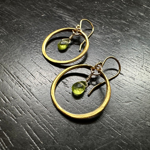 Tiny Gold Hoops with Peridot