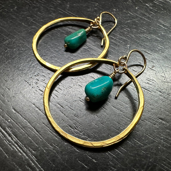 Raw Turquoise Earrings in Small Gold Hoops