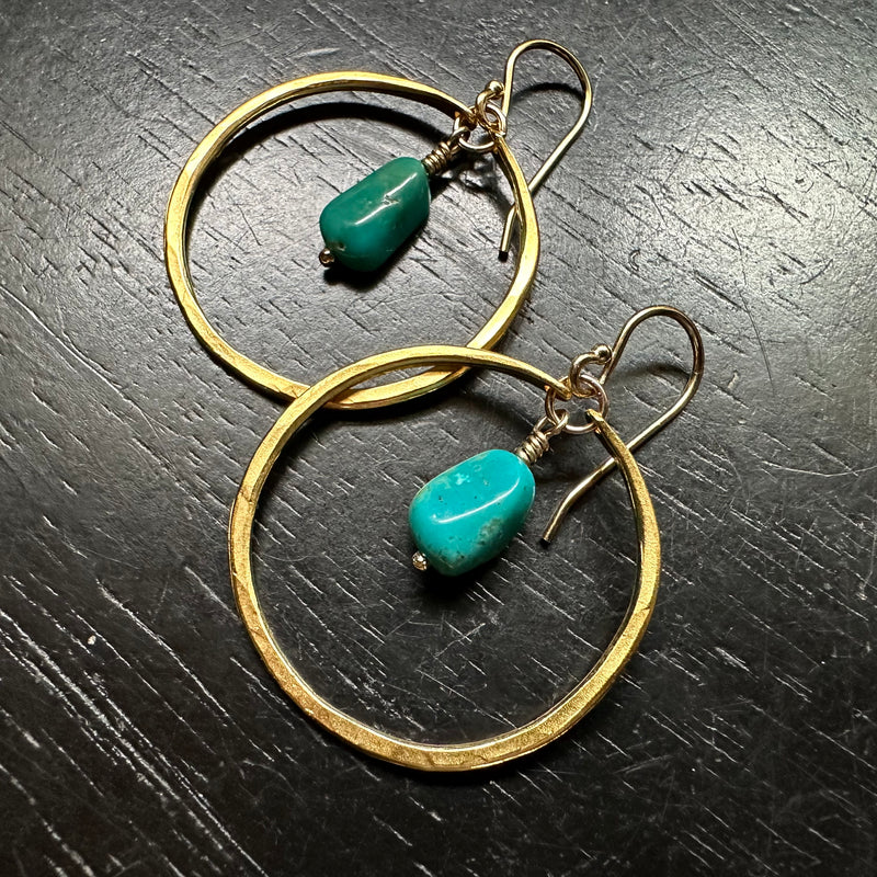 Raw Turquoise Earrings in Small Gold Hoops