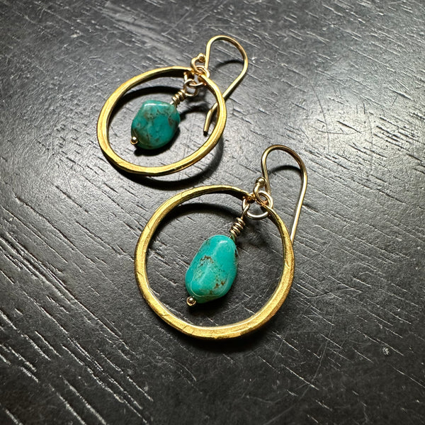 Raw Turquoise Earrings in Tiny Gold Hoops